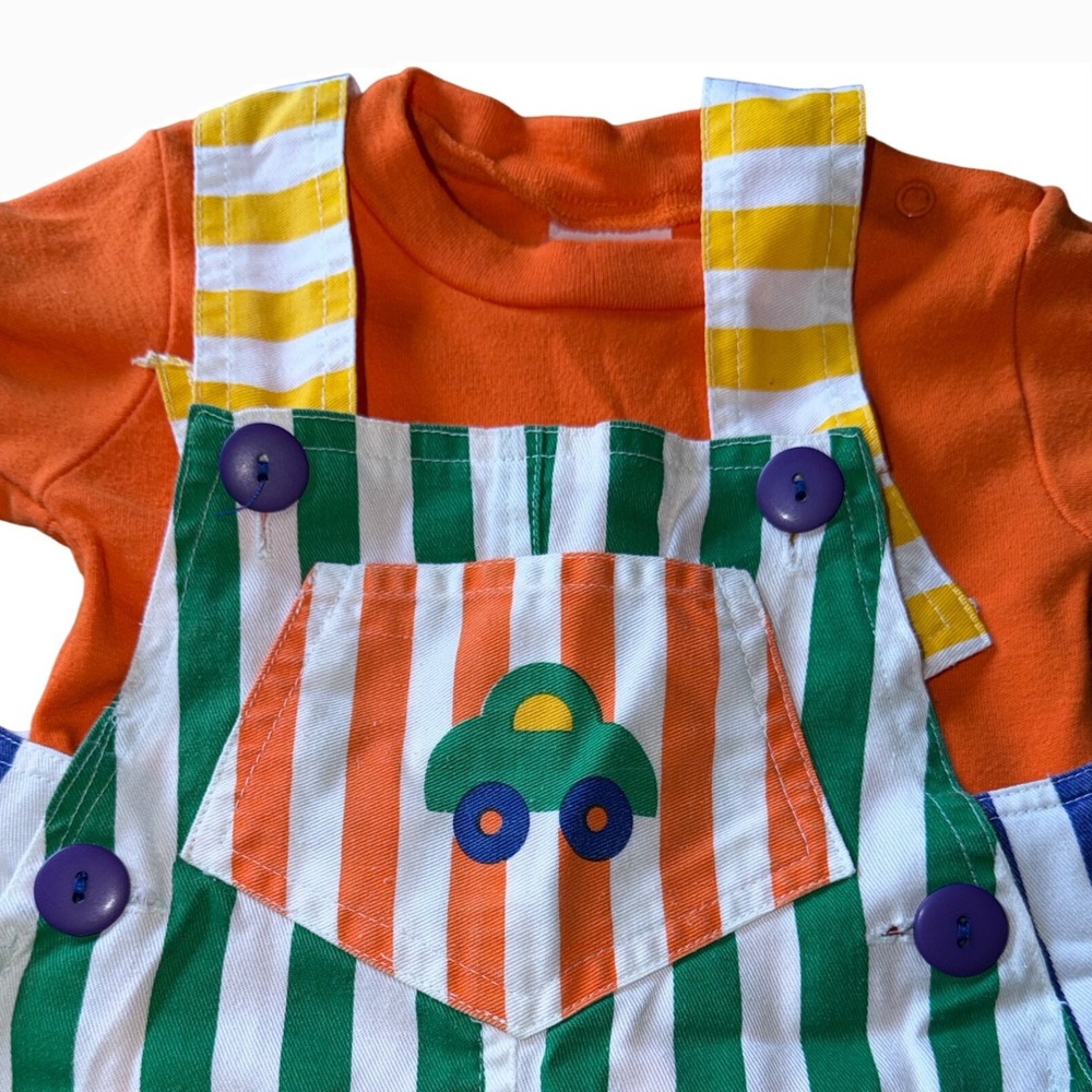 Vintage 90s Baby 3 Pc Set 0-6M Primary Colorful Striped Overalls Shirt Hat Car - Picture 3 of 8